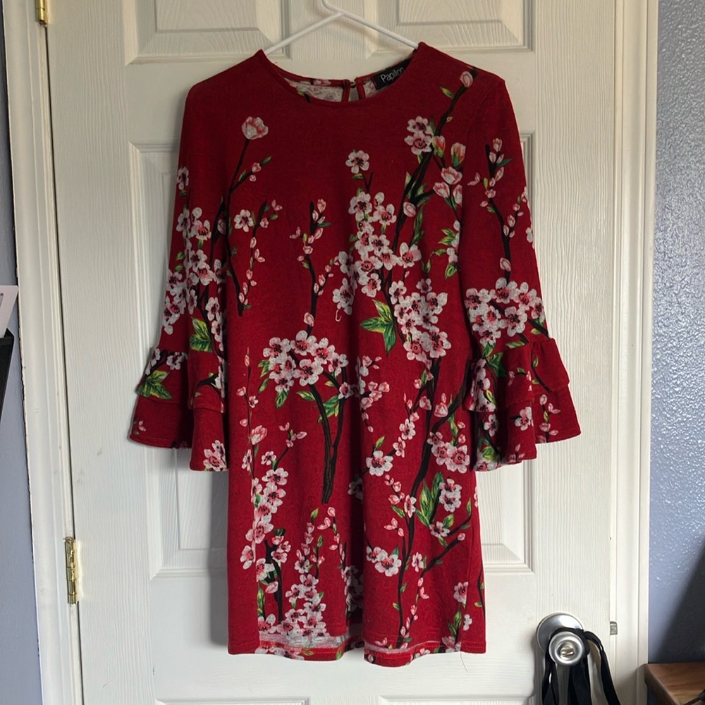 Floral Red Dress with Ruffle Sleeves